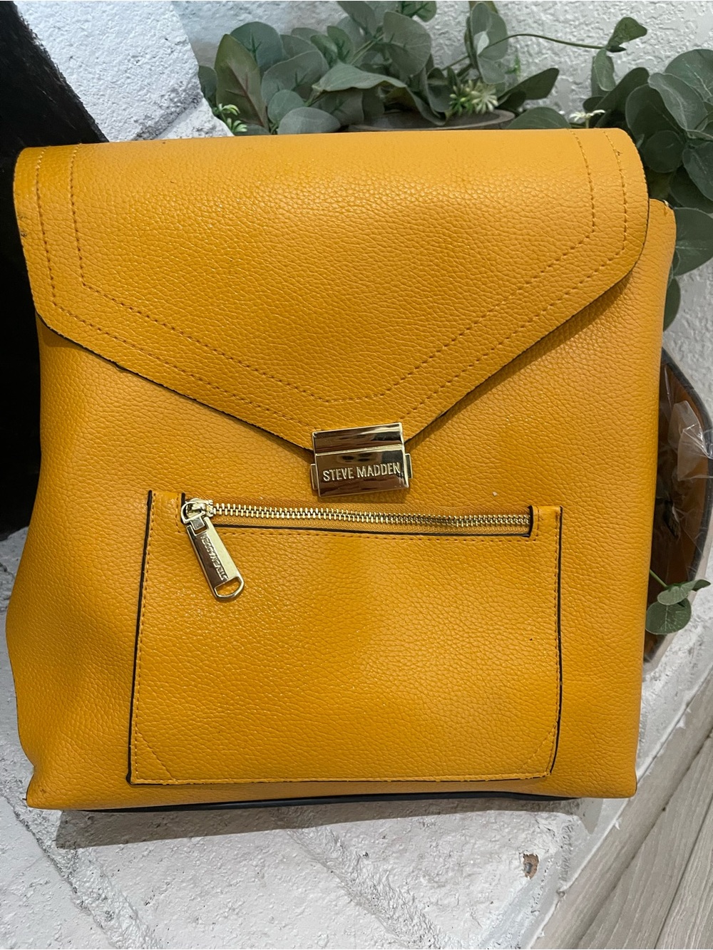 Steve Madden Yellow Pebbled Leather Backpack with Gold Hardware